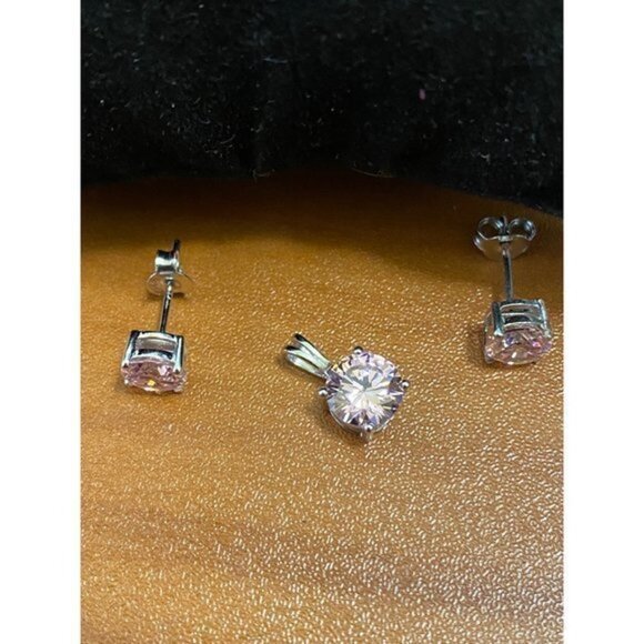Sterling Silver Pink CZ Pendant Set Earrings and Pendant - Picture 4 of 7
